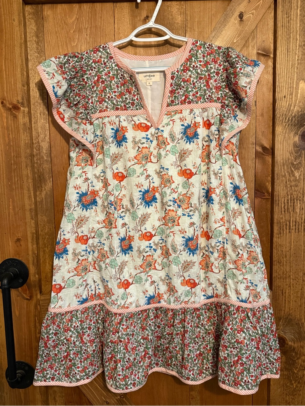 Boho Floral Tiered Tunic Dress - Cream with Orange & Blue Flowers